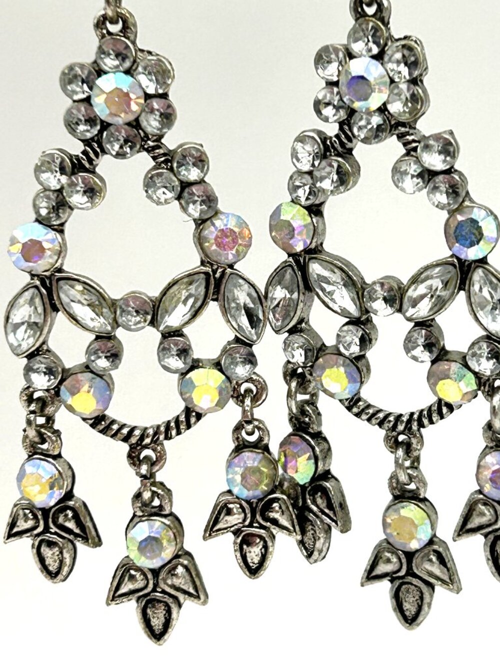 Vintage Aurora Borealis Rhinestone Chandelier Dangle Earrings Boho SilverTone